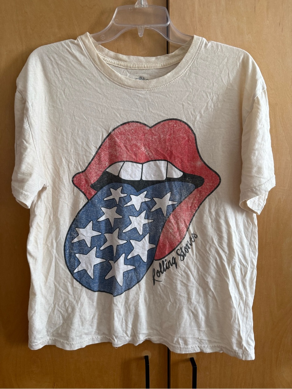 the Rolling Stones Cream Tee with Red Lips and Blue Star Tongue